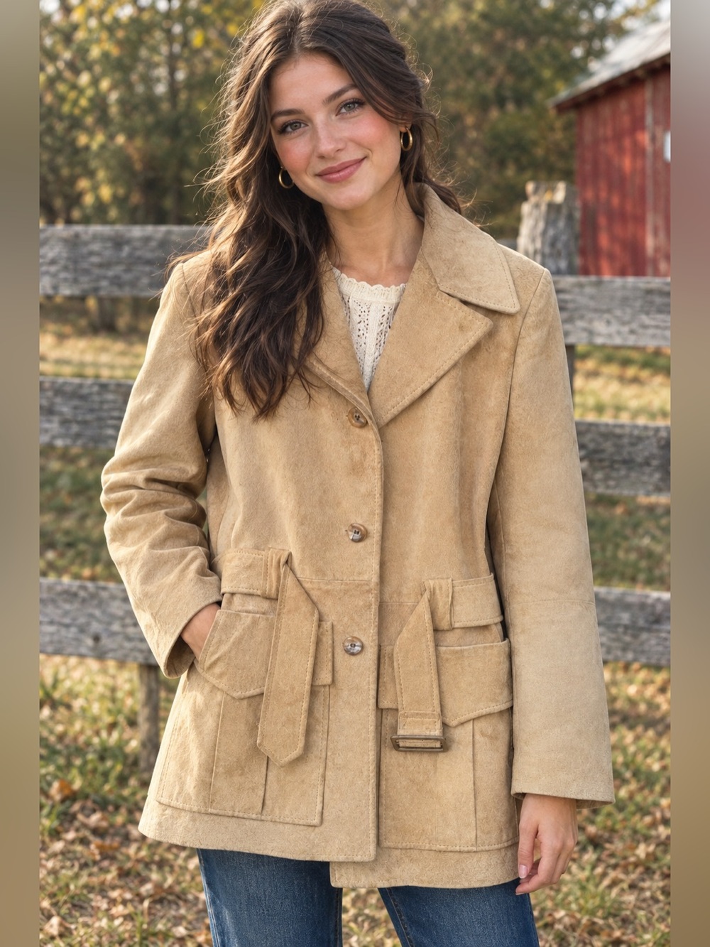 Vintage Suede 70s Taupe Paneled Leather Belted Jacket unisex